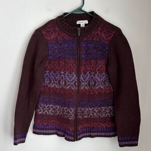 Coldwater Creek Women's Fair Isle Multicolor full zip lambs wool Sweater medium!
